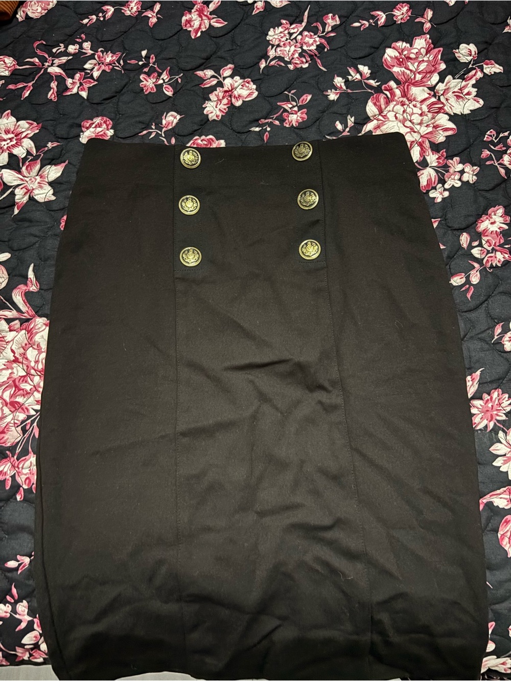 High-Waist Black Pencil Skirt with Gold Button Detail